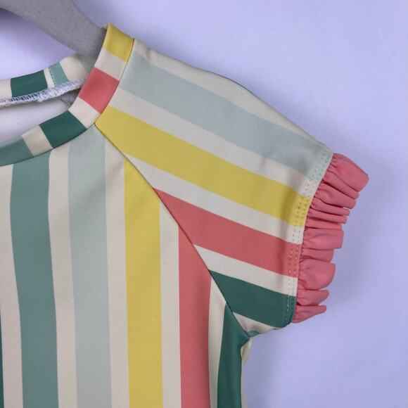 RuffleButts Rainbow Stripe Rash Guard Girls, Ruffle Trim, Swim Top, 2T-3T - Picture 4 of 8